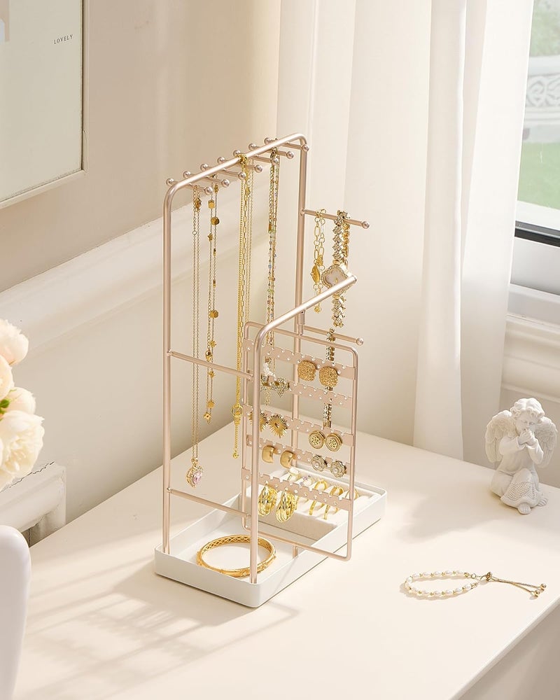 Procase Jewelry Stand Holder Organizer, Jewelry Display Storage with Ring Tray, No-Assembly Needed, Rotating Earring Bracelet Necklace Holder, Christmas Gifts Room Dorm Decor for Teen Girls -Champagne - Image 4